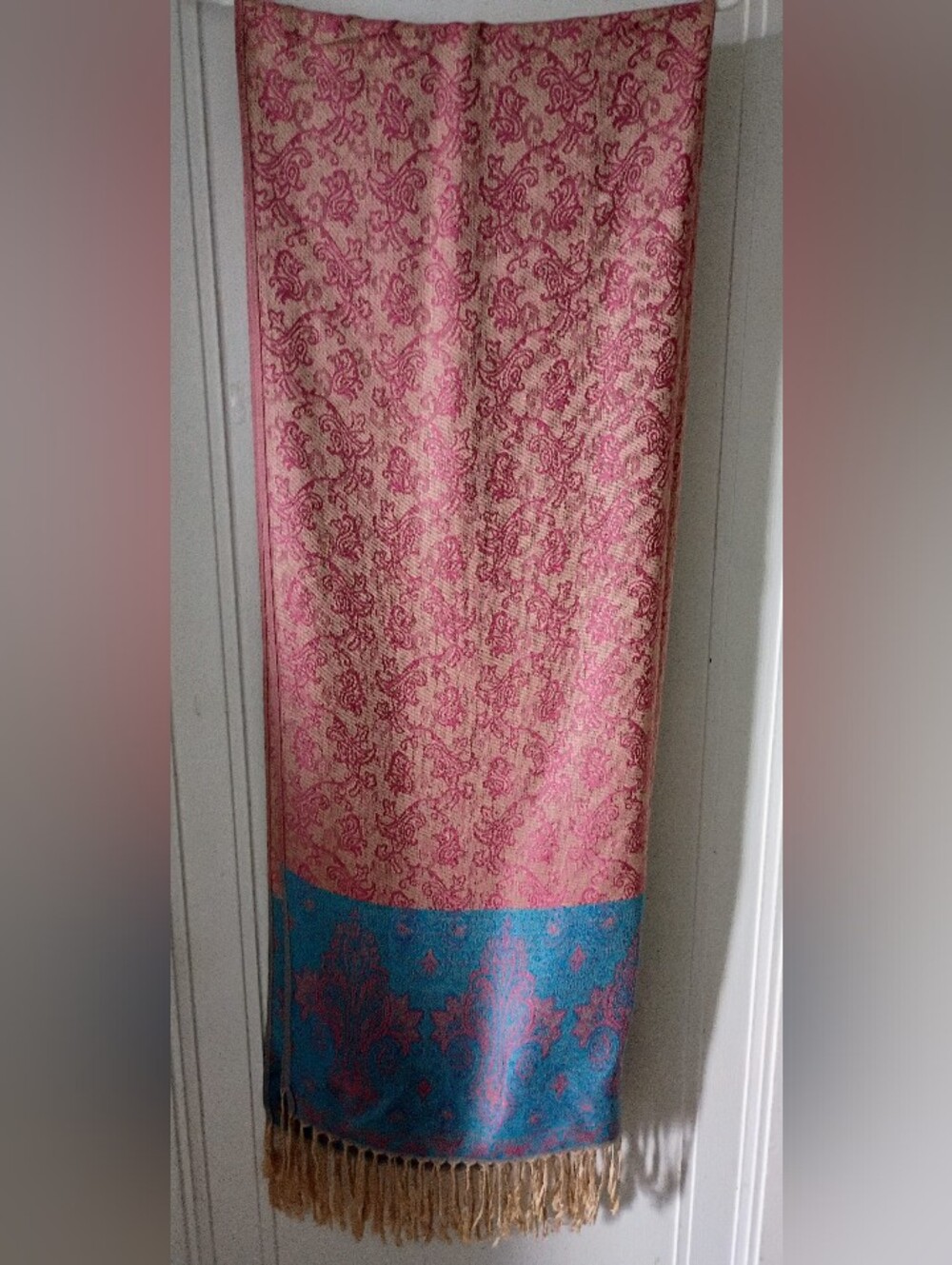 Pink and Cream Patterned Cashmere Scarf with Fringe 70x30 Inches